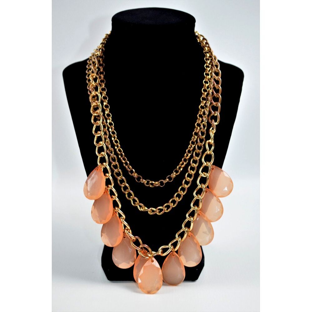 Vtg Gold Tone 3 Strand Layered‎ Necklace with Peach Color Faceted Teardrop 17"
